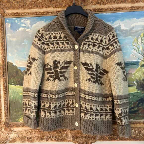 Vintage Ralph Lauren Hand Knit Flag Cowichan Sweater Wool Cardigan M - Picture 4 of 16